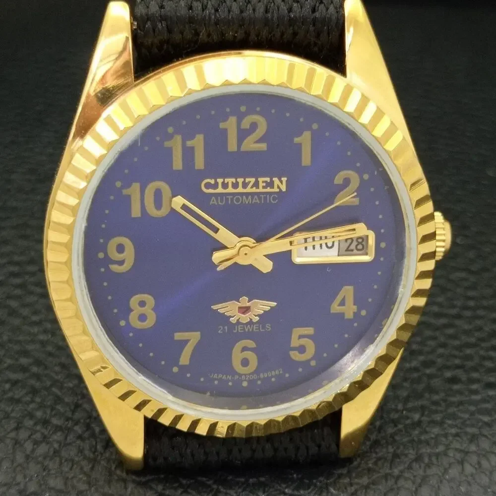 Vintage 1987 Citizen Automatic Mens Gold Watch W/daydate & Blue accents